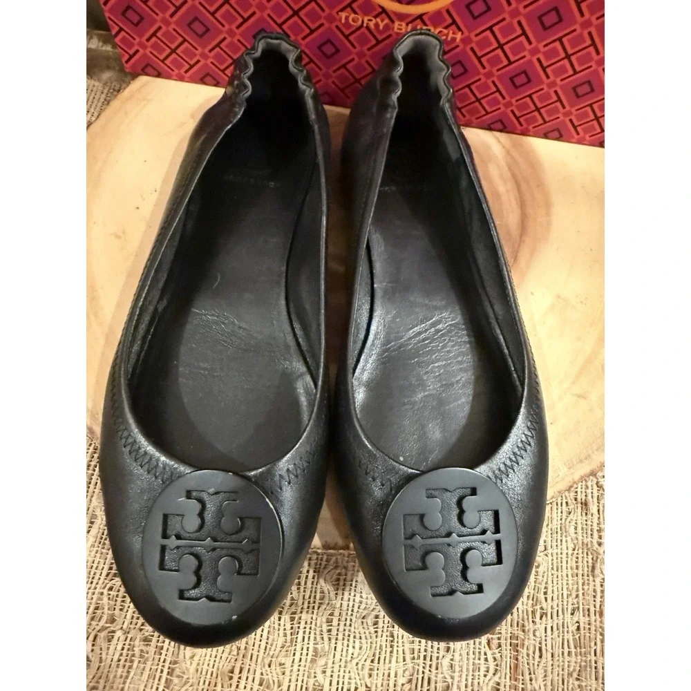 Tory Burch Minnie Travel Ballet Women's Pebble Leather‎ Perfect Black Sz-9